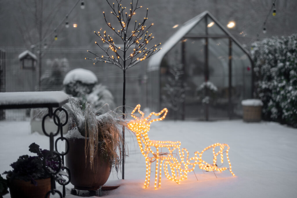 Snowy backyard during winter holidays